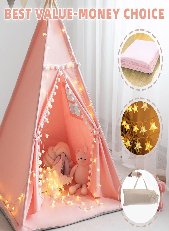 RONGFA Teepee Tent for Kids with Mat, Star Lights, Carry Case, Cotton Canvas Playhouse, Foldable Tents, Portable Children Play Tent Indoor Outdoor (Pink) - Image 3