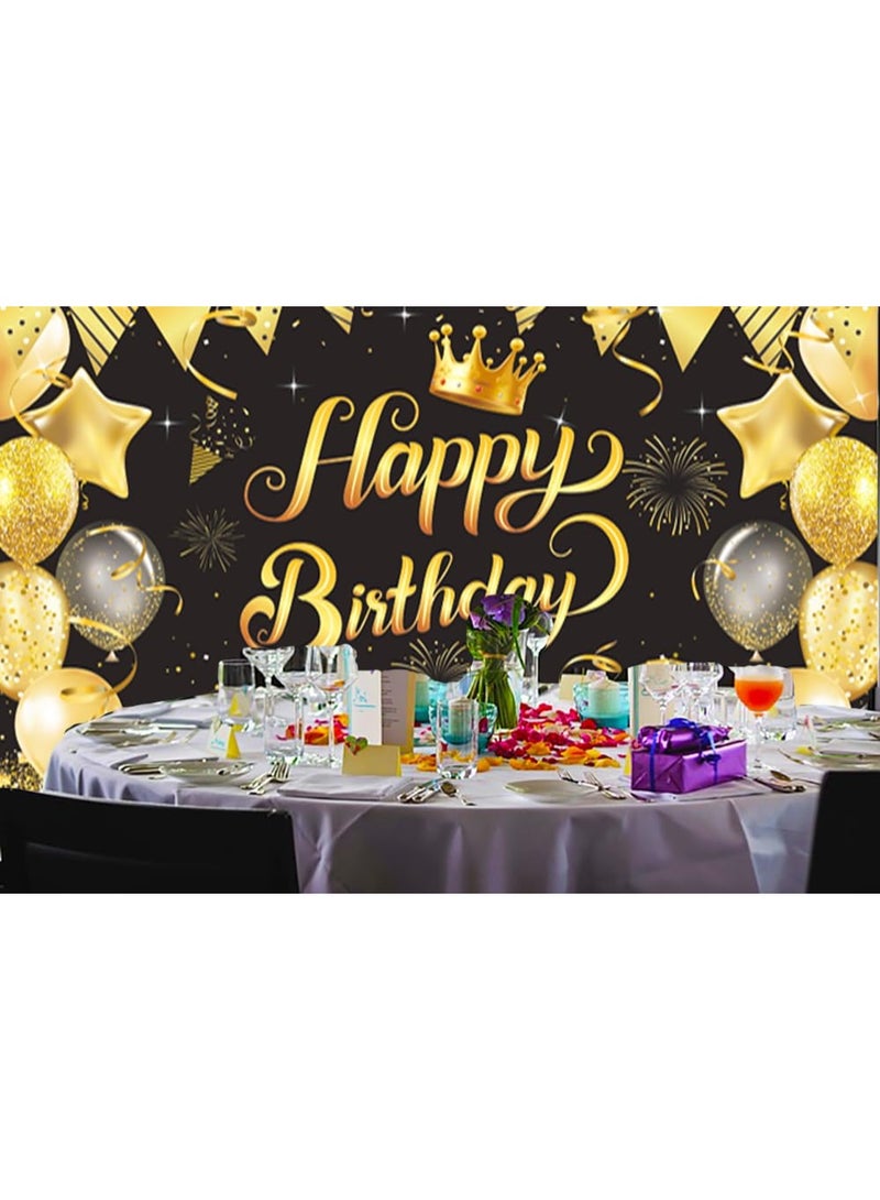 موردلي لافتة عيد ميلاد كبيرة لامعة باللونين الأسود والذهبي - بالونات لامعة، نجوم، وتيجان، قماش معلق على الحائط لحفلات الأطفال الخارجية/الداخلية، ديكورات خلفية احتفالات للجنسين. - Image 5