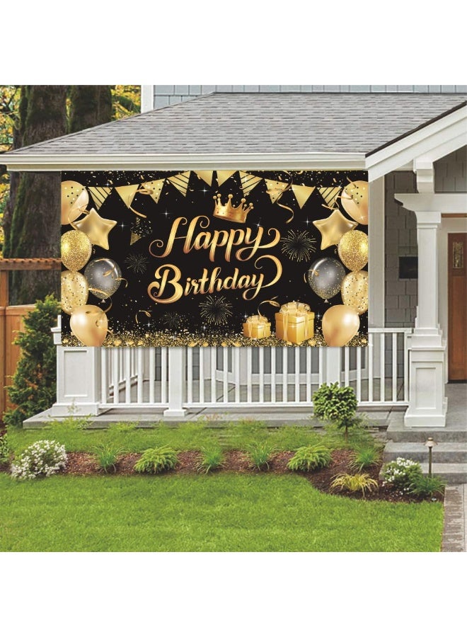 موردلي لافتة عيد ميلاد كبيرة لامعة باللونين الأسود والذهبي - بالونات لامعة، نجوم، وتيجان، قماش معلق على الحائط لحفلات الأطفال الخارجية/الداخلية، ديكورات خلفية احتفالات للجنسين. - Image 4