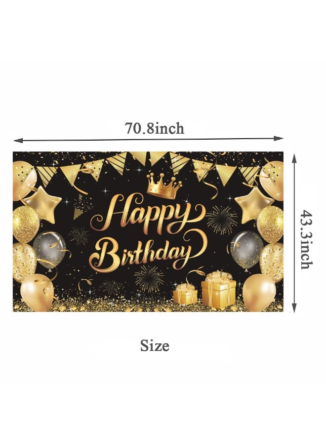 موردلي لافتة عيد ميلاد كبيرة لامعة باللونين الأسود والذهبي - بالونات لامعة، نجوم، وتيجان، قماش معلق على الحائط لحفلات الأطفال الخارجية/الداخلية، ديكورات خلفية احتفالات للجنسين. - Image 2