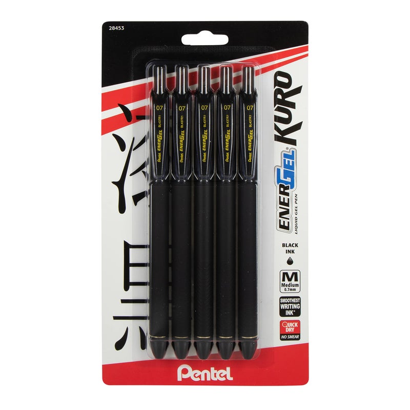 Pentel قلم جل سائل بنتل إنرجل كورو، (0.7 مم) خط متوسط، حبر أسود، 5 عبوات - Image 1