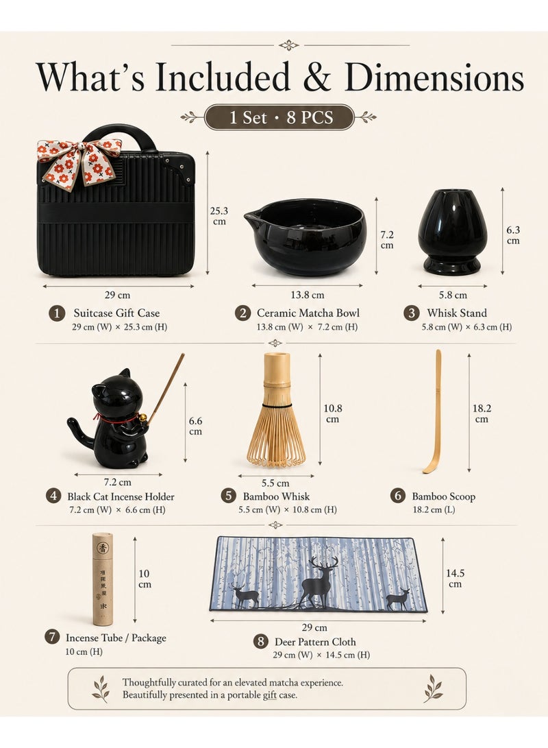 Yaniramatcha Matcha Set 8pcs Matcha Whisk and Bowl Set,  Matcha Kit Tea Set , Bamboo Whisk+Matcha Bowl+Whisk stand+Scoop+Incense Stick+Incense holder (Cat Ornament)+Pad+gift suitcase ,for Matcha Making Starter Kit Gift (black) - Image 4