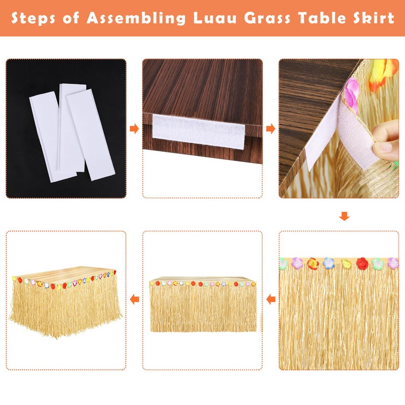 Fovths 2 Pack Luau Grass Table Skirt Natural 9 Feet x 29.5 Inch Hawaiian Table Skirt for Tropical Hawaiian Party Decorations Luau Costume Party, Straw Yellow - Image 4