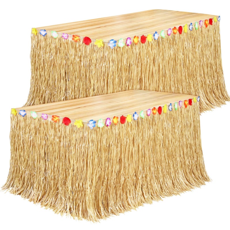 Fovths 2 Pack Luau Grass Table Skirt Natural 9 Feet x 29.5 Inch Hawaiian Table Skirt for Tropical Hawaiian Party Decorations Luau Costume Party, Straw Yellow - Image 1