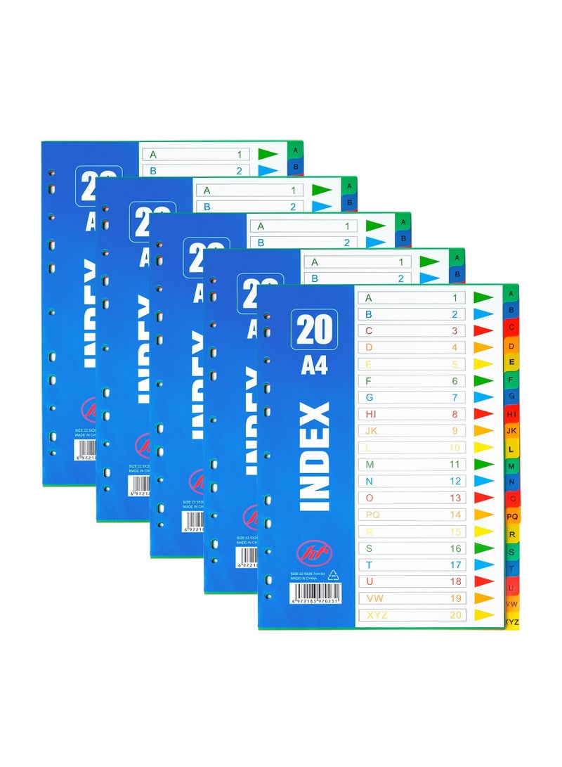 SYOSI 5 Pack File Dividers A4 Extra Wide 20 Part Dividers A4 Subject Folder Dividers with Blank Tabs Multipunched A4 Dividers for Ring Binders Plastic Binder Dividers (21cmx29.7cm) - Image 1