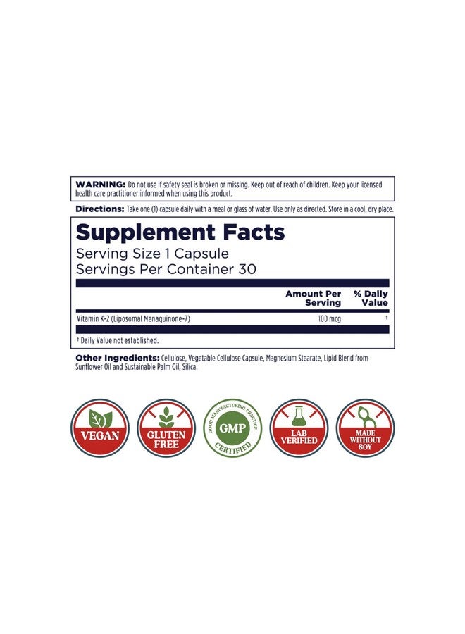 KAL Liposomal Vitamin K2 Supplement with MK7 100 mcg, High Absorption, Liposomal Technology, Advanced Bone Support, Vegan Capsules, Gluten Free, Made Without Soy, 30 Servings - Image 2