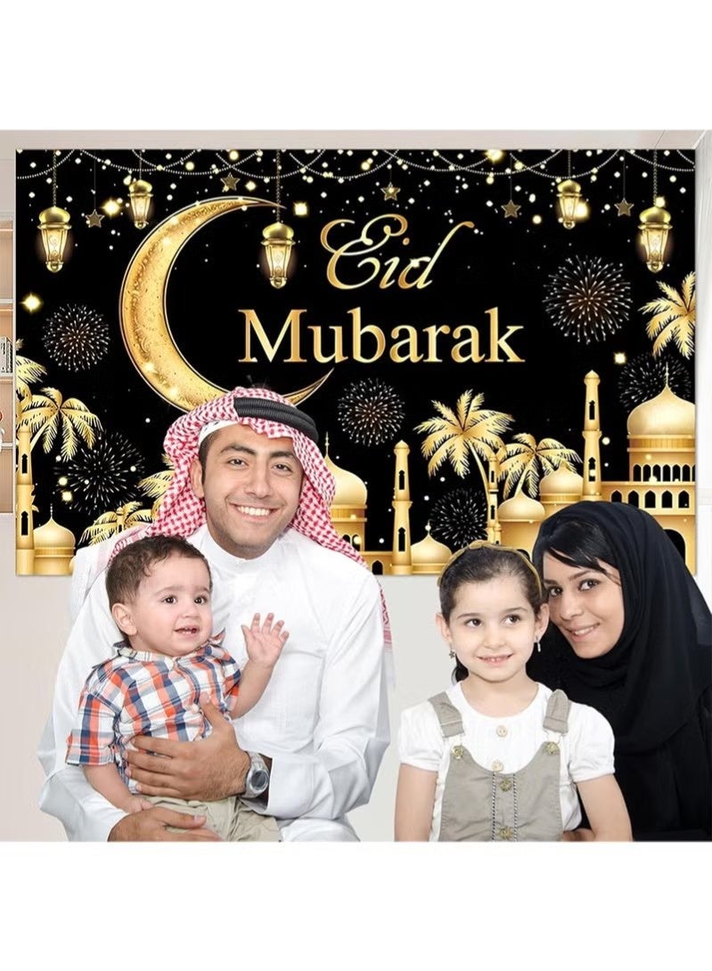 جمورو لافتة خلفية باللونين الأسود والذهبي لعيد رمضان مبارك، لافتة عيد كريم للمسلمين، دعائم كشك تصوير لتزيين حفلات رمضان في المنزل والحديقة - 180 × 110 سم - Image 5