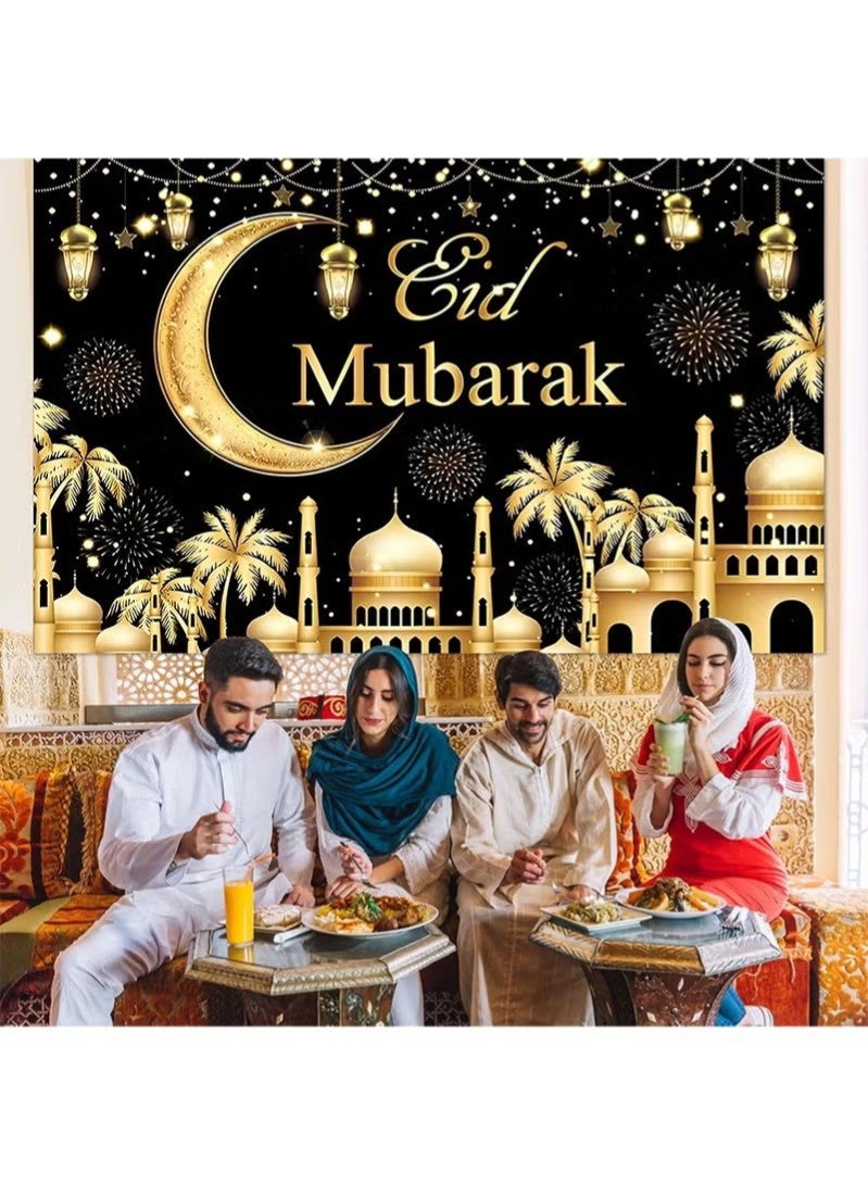 جمورو لافتة خلفية باللونين الأسود والذهبي لعيد رمضان مبارك، لافتة عيد كريم للمسلمين، دعائم كشك تصوير لتزيين حفلات رمضان في المنزل والحديقة - 180 × 110 سم - Image 1