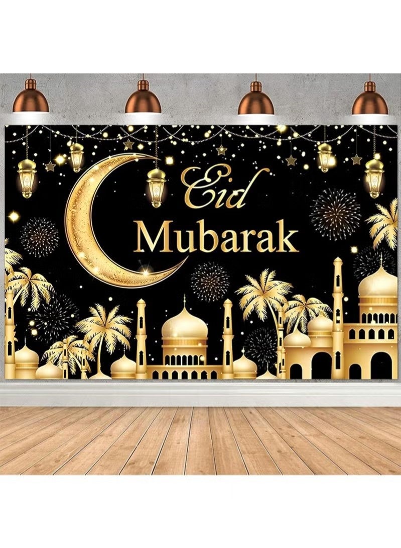 جمورو لافتة خلفية باللونين الأسود والذهبي لعيد رمضان مبارك، لافتة عيد كريم للمسلمين، دعائم كشك تصوير لتزيين حفلات رمضان في المنزل والحديقة - 180 × 110 سم - Image 2