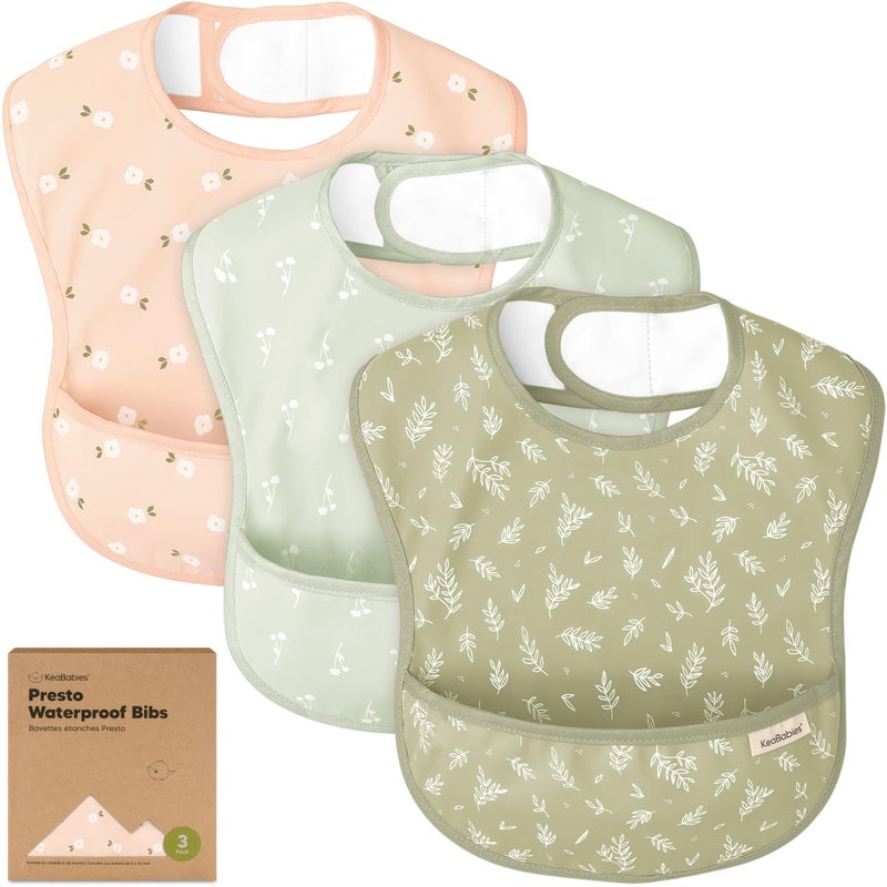 KeaBabies 3-Pack Waterproof Baby Bibs for Eating - Lightweight Toddler Feeding Bibs with Large Food Catcher, Mess Proof, Food-Grade Baby Eating Essentials, Easy to Put On & Clean (Bloom) - Image 1