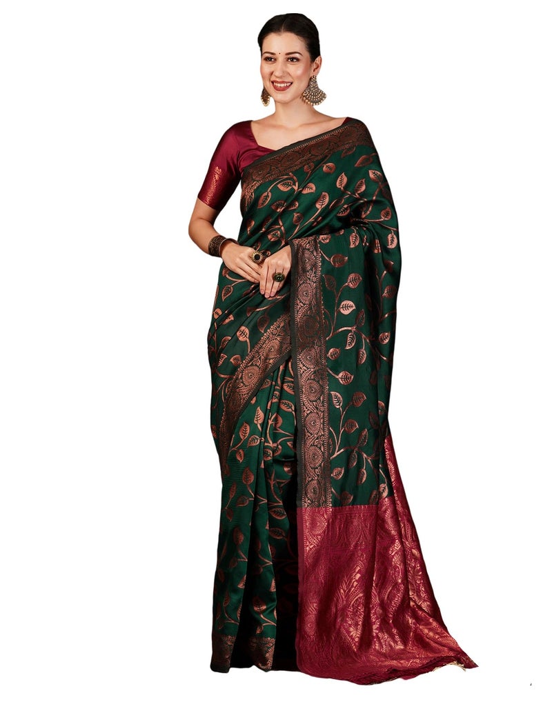 SIRIL Women's Banarasi Jacquard Soft Silk Kanjeevaram Saree With Unstitched Blouse Piece (3759S139A_Dark Green) - Image 1