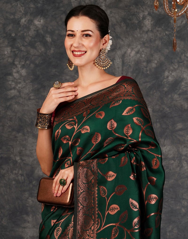 SIRIL Women's Banarasi Jacquard Soft Silk Kanjeevaram Saree With Unstitched Blouse Piece (3759S139A_Dark Green) - Image 3