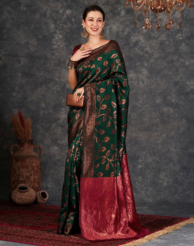 SIRIL Women's Banarasi Jacquard Soft Silk Kanjeevaram Saree With Unstitched Blouse Piece (3759S139A_Dark Green) - Image 5