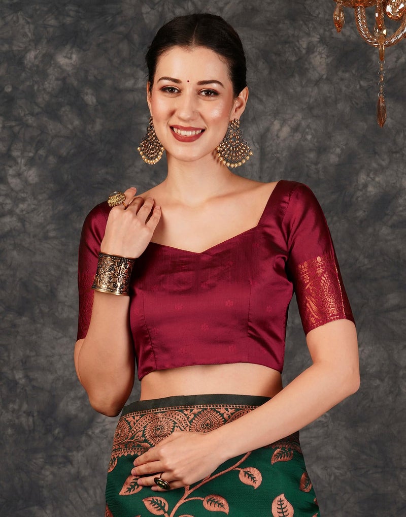 SIRIL Women's Banarasi Jacquard Soft Silk Kanjeevaram Saree With Unstitched Blouse Piece (3759S139A_Dark Green) - Image 4