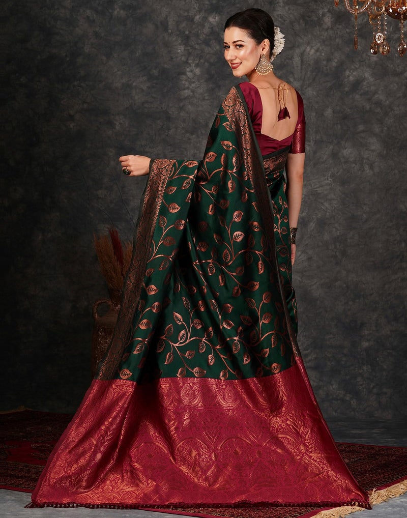 SIRIL Women's Banarasi Jacquard Soft Silk Kanjeevaram Saree With Unstitched Blouse Piece (3759S139A_Dark Green) - Image 2