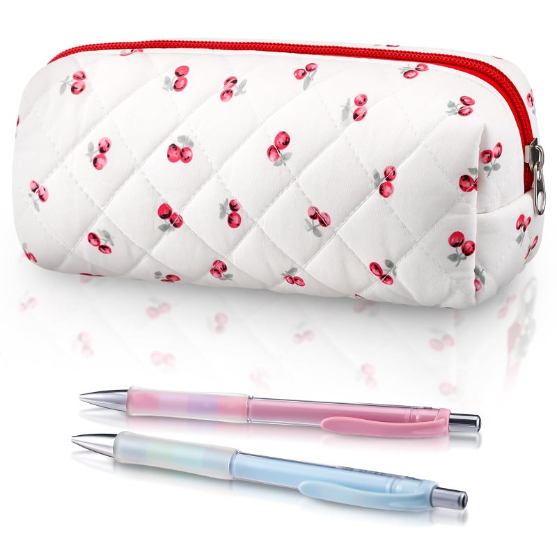 Sherr Cherry Pencil Case Cute Pencil Pouch Soft Cotton Quilted Storage Bag Aesthetic Pattern Gift Makeup Pouch Cosmetic Travel Bag for Women