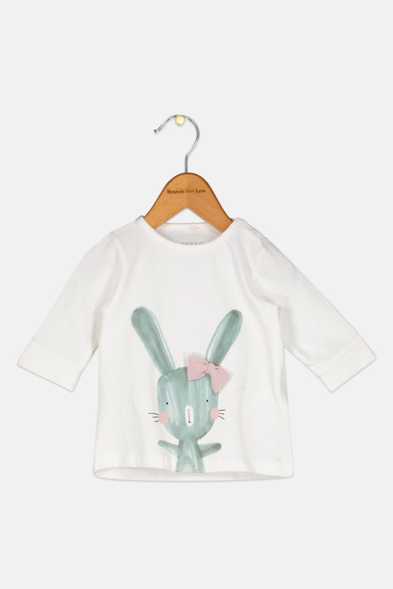 NAME IT بلوزة بنات للأطفال بأكمام طويلة وياقة دائرية، بيضاء - Image 1