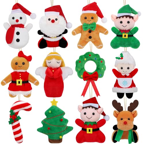 Fovths 12 Pieces Christmas Mini Stuffed Animals 57 Inch Snowman Santa Elk Elf Christmas Tree Hanging Plush Toys Tiny Plush Dolls for Christmas Party Favors Gift Key Chain - Image 1