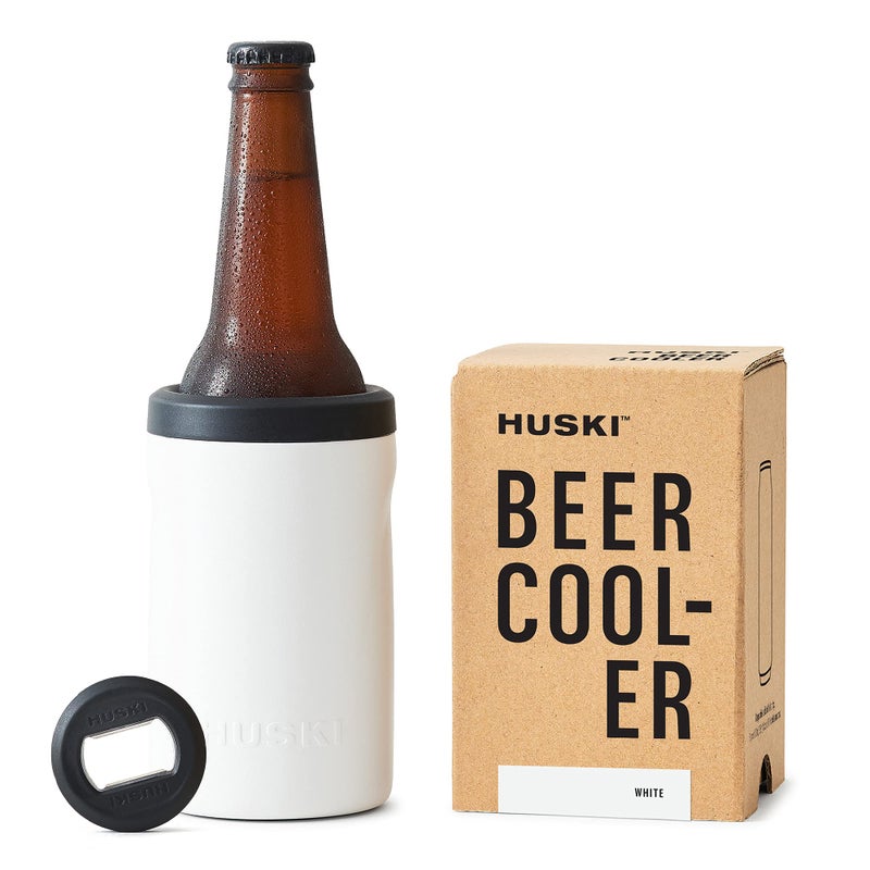 Huski Beer Cooler 20 NEW Premium Can and Bottle Holder Triple Insulated Marine Grade Stainless Steel Detachable 3in1 Opener Works as a Tumbler Best Gifts for Beer Lovers White