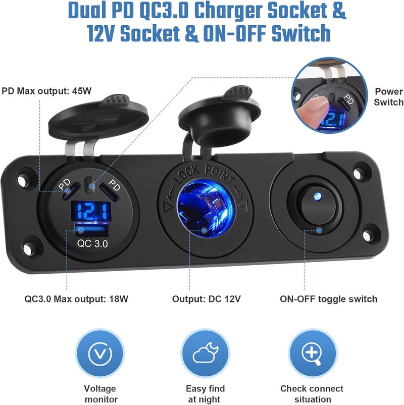 Thlevel Car USB C Charger Panel Dual Port PD Fast Charge Power Outlet Waterproof Cigarette Lighter Socket with LED Digital Voltmeter Toggle Switch ON OFF for 12V 24V Vehicles Boat Caravan - Image 3