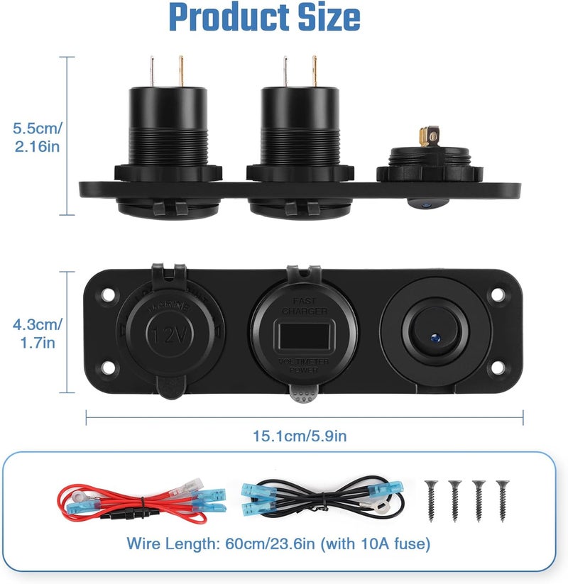 Thlevel Car USB C Charger Panel Dual Port PD Fast Charge Power Outlet Waterproof Cigarette Lighter Socket with LED Digital Voltmeter Toggle Switch ON OFF for 12V 24V Vehicles Boat Caravan - Image 5