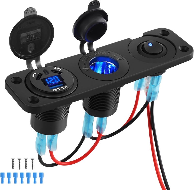 Thlevel Car USB C Charger Panel Dual Port PD Fast Charge Power Outlet Waterproof Cigarette Lighter Socket with LED Digital Voltmeter Toggle Switch ON OFF for 12V 24V Vehicles Boat Caravan - Image 1