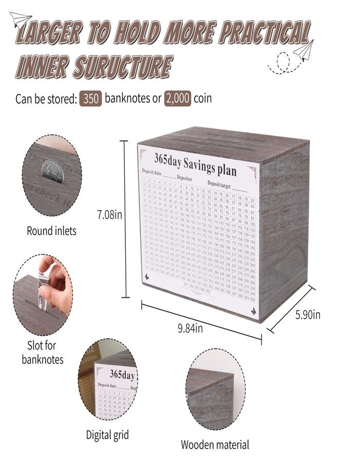 Figfey Piggy Bank for Kids and Adults, Wooden Money Saving Box for Cash, Unbreakable Piggy Bank for $10000 $5000 $3000 $1000 $800 $500 Target Money Saving Challenge.(Gray) - Image 3