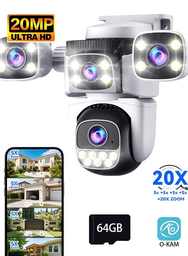 DIFANG 20MP Four Screen WiFi Camera 10K Home Security IP Camera 5X Zoom Four Lens 4 Screen, PTZ 360° CCTV Surveillance Video Cam Outdoor (Free 64G TF Card) - Image 1