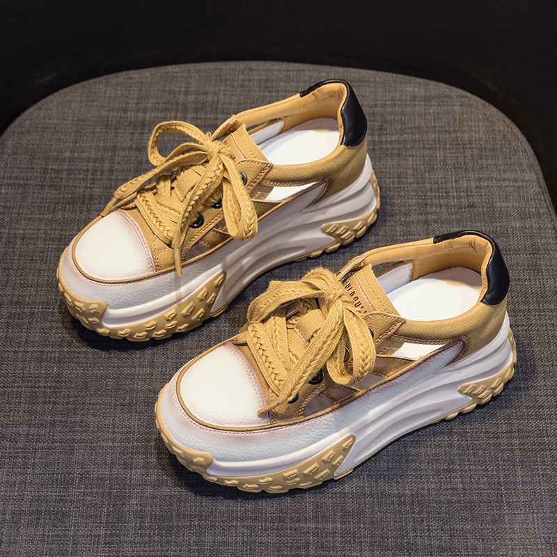 Dad''s Shoes Leather Cut Out Women''s 2025 Summer New Retro Lightweight Inner Heightening Casual Sports Shoes Thick-Soled Sandals - Image 1