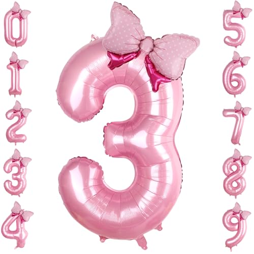 LEBERY Pink Bow Balloons 40 Inch Pink Number 3 Balloon Jumbo Number 3 Birthday Balloons for Girls Mini Bowtie Foil Balloon for Princess Cowgirl Mouse Themed 3rd Birthday Baby Shower Decorations - Image 1