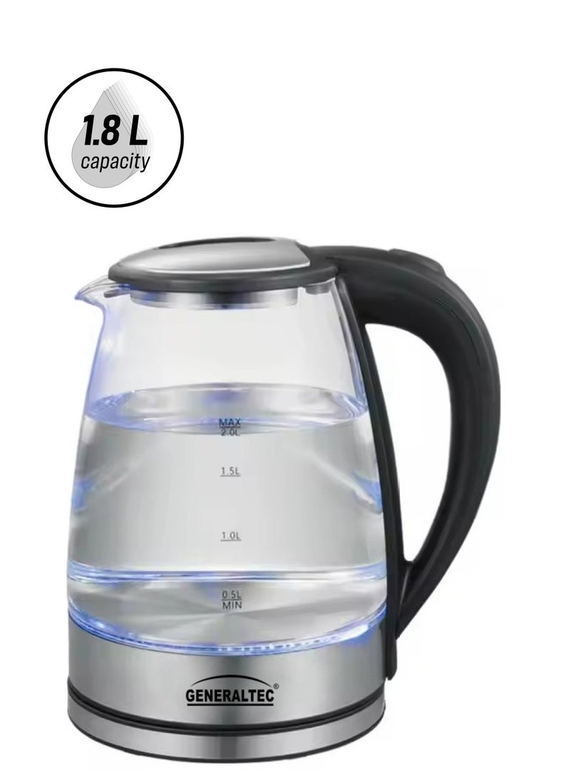 جنرال تيك Generaltec 1.8L Glass Cordless Electric Kettle – 1500W Power, LED Indicator, Rapid Boil, Boil-Dry Protection, 360° Swivel Base | Model-GEK250G | 1 Year Full Warranty 1.8 L 1500 W GEK250G Silver/Black - Image 1