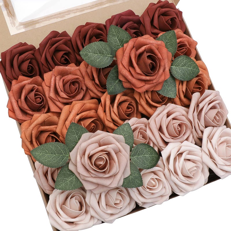 Floroom Artificial Flowers 25pcs Real Looking Terracotta Ombre Colors Foam Fake Roses with Stems for DIY Wedding Bouquets Bridal Shower Floral Centerpieces Party Tables Home Decorations