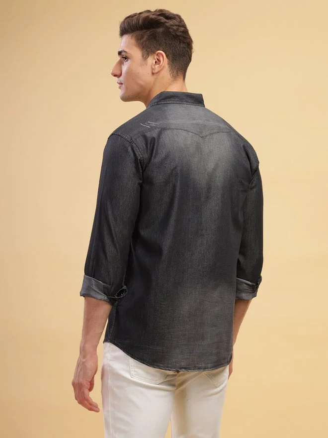 Kuons Avenue  KUONS AVENUE Men Black Faded Denim Shirt with Pocket for Men | Best Price UAE