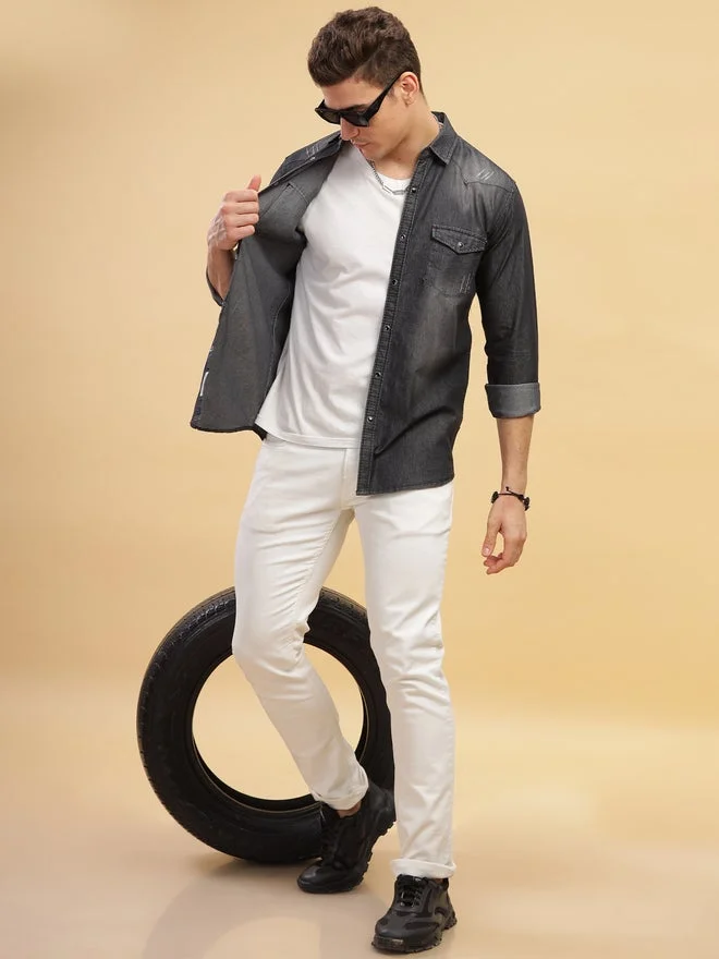 Kuons Avenue  KUONS AVENUE Men Black Faded Denim Shirt with Pocket for Men | Best Price UAE