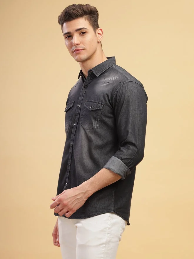 Kuons Avenue  KUONS AVENUE Men Black Faded Denim Shirt with Pocket for Men | Best Price UAE