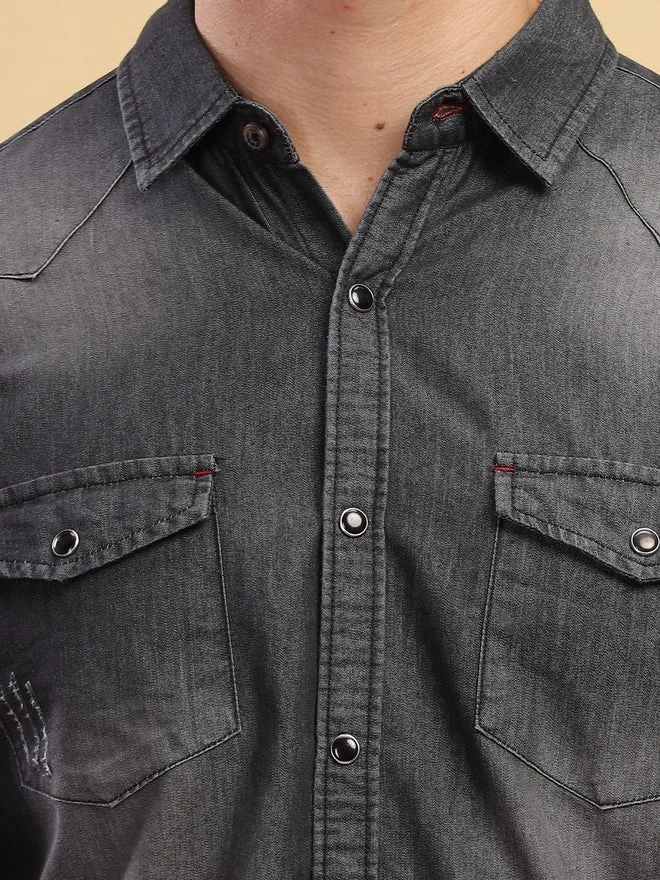 Kuons Avenue  KUONS AVENUE Men Black Faded Denim Shirt with Pocket for Men | Best Price UAE