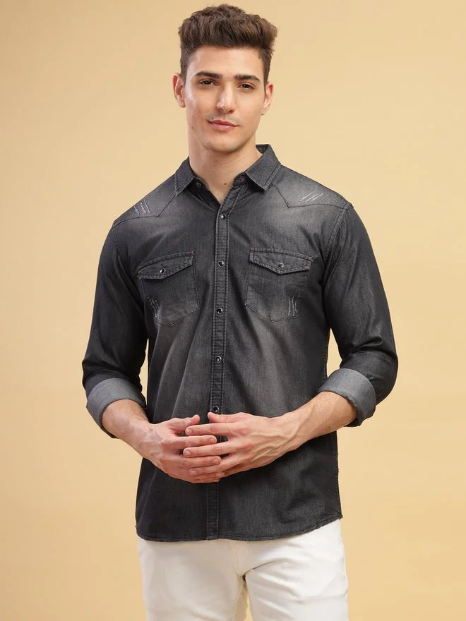 Kuons Avenue  KUONS AVENUE Men Black Faded Denim Shirt with Pocket for Men | Best Price UAE