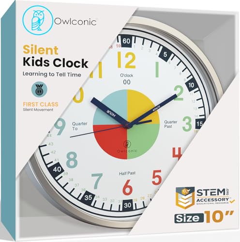 OWLCONIC Non Ticking Analog Clock for Kids Learning to Tell Time Teaching Clock for Kids Wall Classroom Homeschool Decor Silent Clocks for Bedrooms Homeschooling Resource