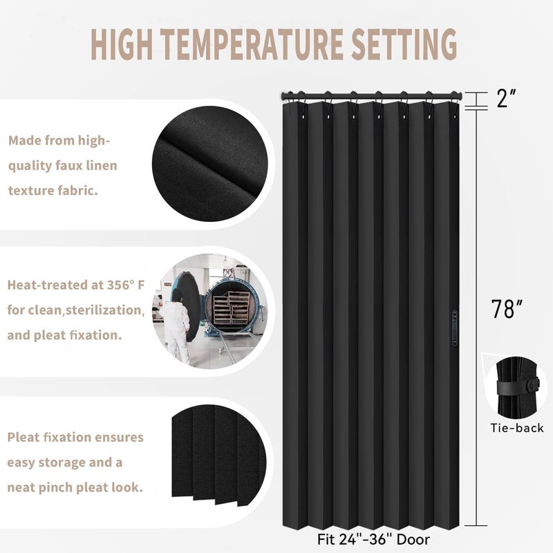 Vatge - Closet Door Divider Curtain Pleated Folding Door Curtains for Bedroom Without Door, 1 Panel with Tiebacks, 100 x 198 cm, Black - Image 2