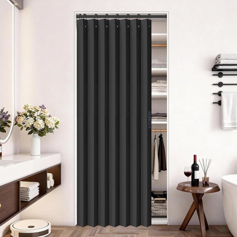 Vatge - Closet Door Divider Curtain Pleated Folding Door Curtains for Bedroom Without Door, 1 Panel with Tiebacks, 100 x 198 cm, Black - Image 1