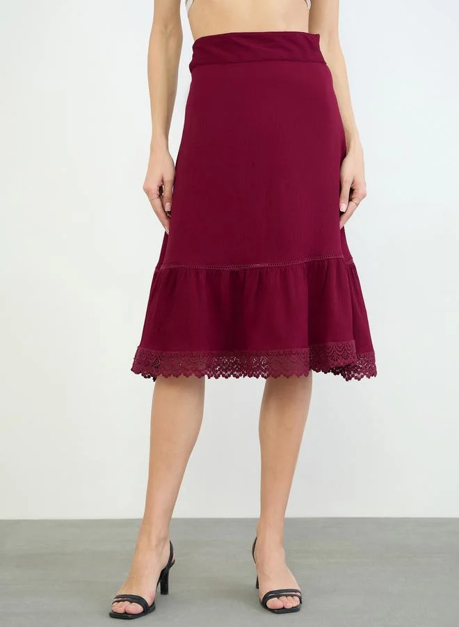 ستايلي Burgundy A-Line Midi Skirt with Lace Detail