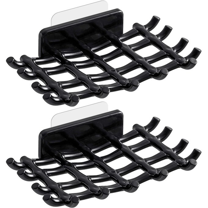 SOAP BAR HOLDER FOR SHOWER WALL SELF DRAINING SOAP DISH WITH HOOKS NO DRILLING BATHTUB KITCHEN SINK WATERPROOF ADHESIVE WALL MOUNTED DISH 2 PACK BLACK