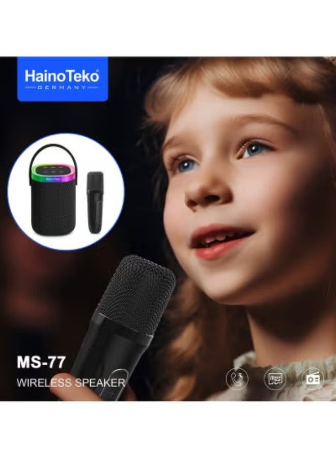 Haino Teko MS-77 Portable Bluetooth Speaker with Wireless Microphone – Powerful High Bass Stereo Sound System with Built-In Mic, FM Radio, USB Charging Port, and Long Battery Life – Compact Wireless Speaker for Parties, Karaoke, Travel, Indoor & Outdoor Entertainment – Black - Image 3