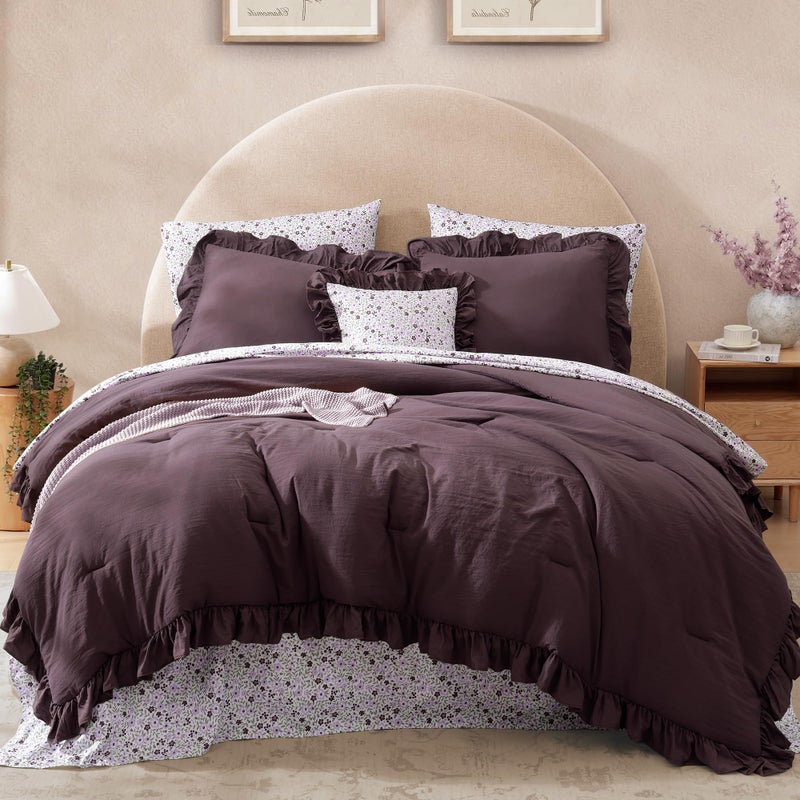 BLOOMHAVEN Queen Comforter Set - 7 Pieces Ruffle Purple Bedding Sets, Shabby Chic Farmhouse Bed in a Bag Queen with Ruffle Comforter, Floral Sheets, Pillowcases & Shams - Image 1