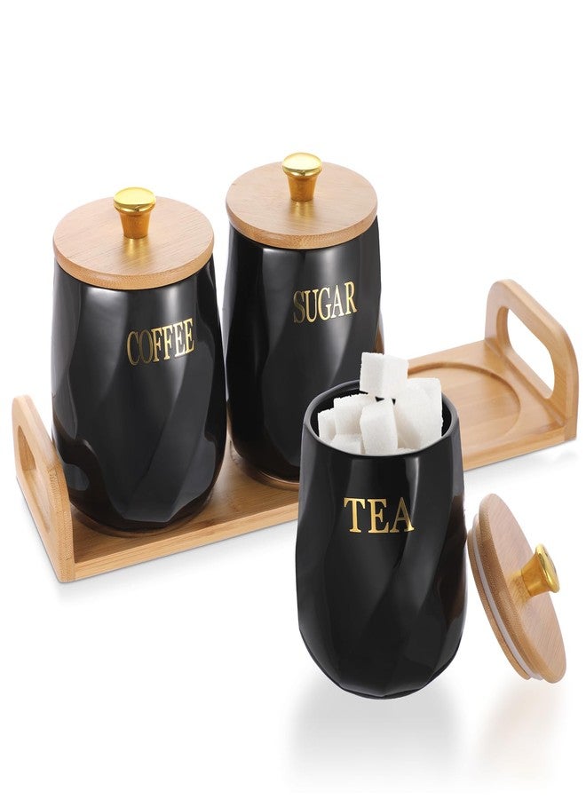 JUXYES Set of 3 Ceramic Canisters Set for Sugar Coffee Tea With Handle Tray, Luxurious Storage Containers Sets with Lids Decorative Storage Pots Black Ceramic Storage Jar for Kitchen Dining Room - Image 1