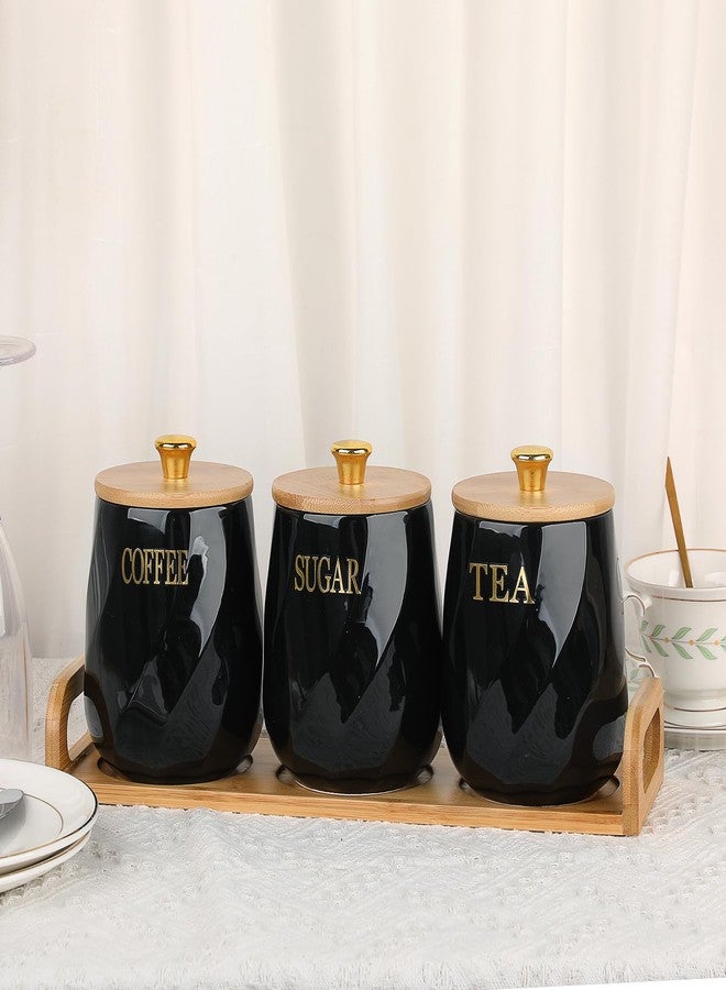 JUXYES Set of 3 Ceramic Canisters Set for Sugar Coffee Tea With Handle Tray, Luxurious Storage Containers Sets with Lids Decorative Storage Pots Black Ceramic Storage Jar for Kitchen Dining Room - Image 5