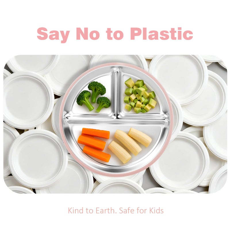Bakpoco Stainless Steel Suction Plates for Toddlers, 9" Divided Kids Baby Plates with Removable Silicone Suction, Non Toxic Non Slip Portion Control Snack Dishes 4 Packs, Blue Green Gray Pink - Image 2