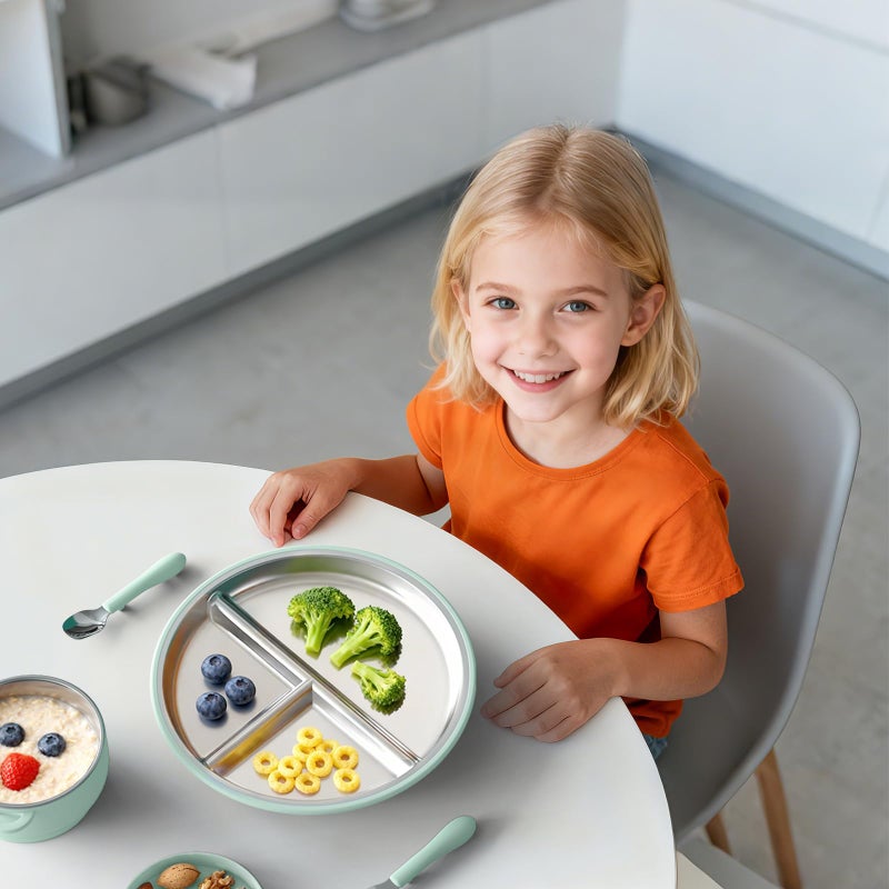 Bakpoco Stainless Steel Suction Plates for Toddlers, 9" Divided Kids Baby Plates with Removable Silicone Suction, Non Toxic Non Slip Portion Control Snack Dishes 4 Packs, Blue Green Gray Pink - Image 4