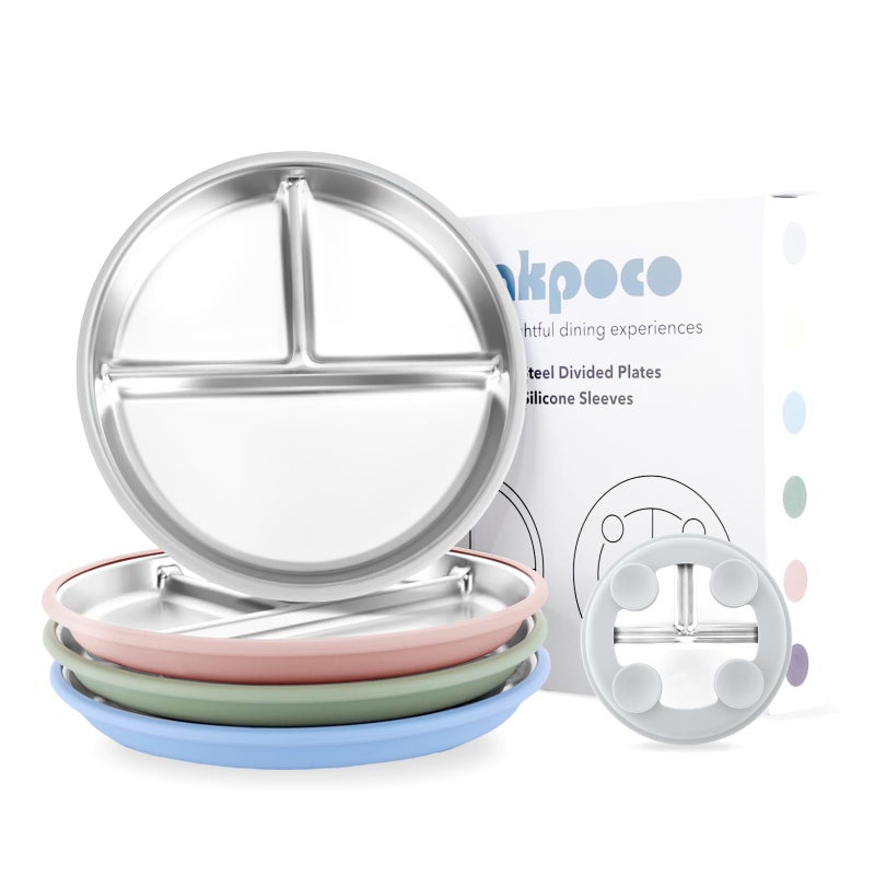 Bakpoco Stainless Steel Suction Plates for Toddlers, 9" Divided Kids Baby Plates with Removable Silicone Suction, Non Toxic Non Slip Portion Control Snack Dishes 4 Packs, Blue Green Gray Pink - Image 1