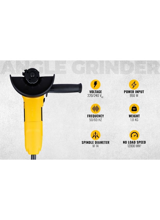 DEWALT - DEWALT DWE4115, 950W, 5'' (100mm) Heavy Duty Angle Grinder Engineered For Heavy Duty Applications with Spindle Lock and Slide switch, 2 Year Warranty (SIDE HANDLE INCLUDED) - Image 1